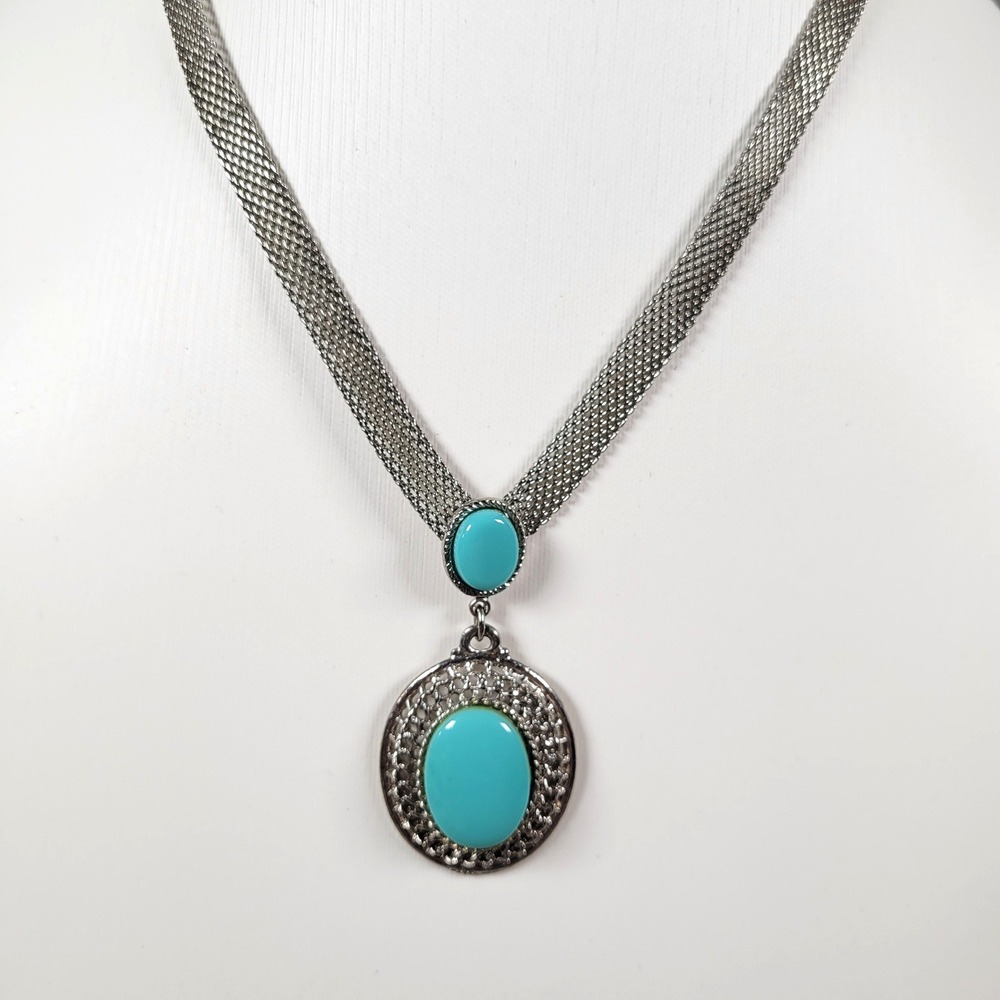 Park Lane Silver Tone Mesh Necklace Turquoise Color Cabochon Boho Style